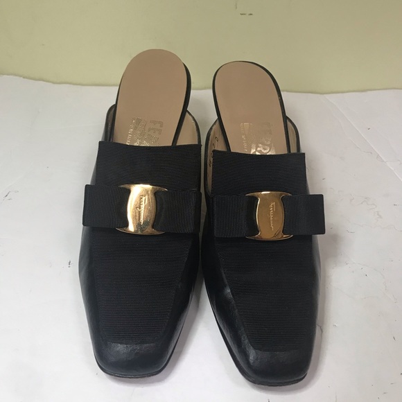 Salvatore Ferragamo Leather Mules Slides Vera Bow Heels Italy Black Gold logo - Picture 11 of 16